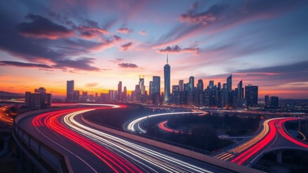 City skyline at dusk with light trails, illustrating urban air pollutants.