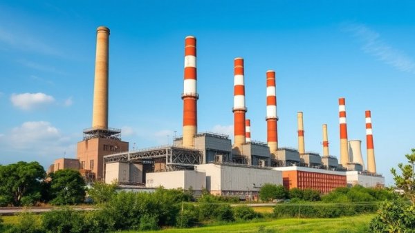 Modern power plant in Alabama, clear skies, environmental detail.