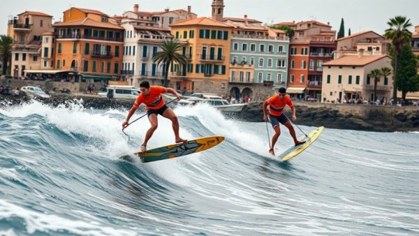 Downwind Foil World Tour athletes riding waves near coastal town.