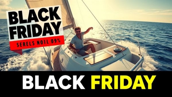 Sleek yacht with sailor promoting Black Friday sails.