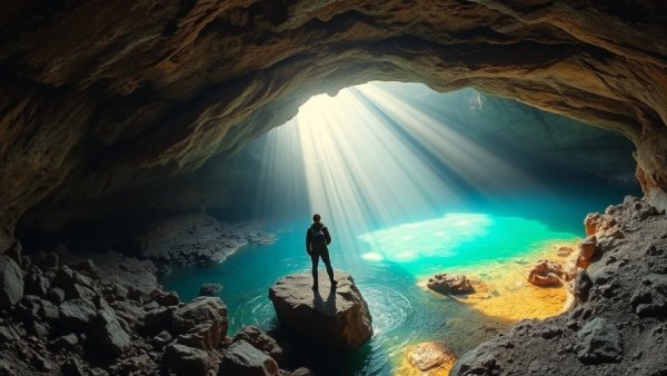 Florence Bros Hidden Treasure Pacific Ocean with sunbeams in a cave.