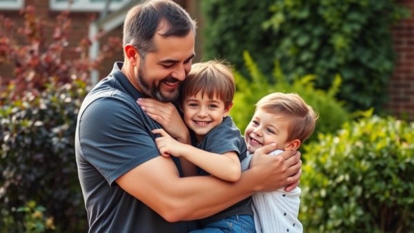 Family reunion scene in a garden with kids and a US Navy welcome sign.