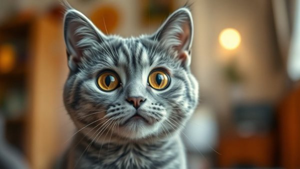 Surprised gray cat with wide eyes indoors.