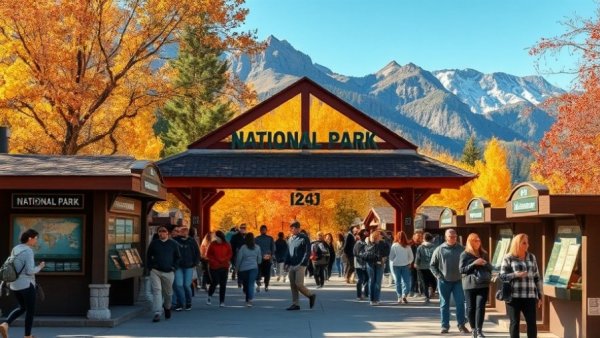 Autumn park entrance with visitors - National Parks Fees for International Visitors