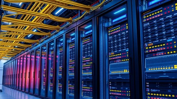 Advanced data center server racks with vibrant lighting and cable management, illustrating PJM Interconnection data centers energy policy.