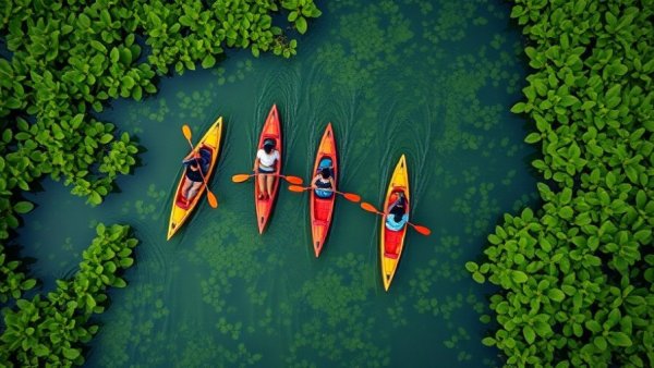 Aerial view of paddlers navigating lush green waters. Paddling Participation Boom.