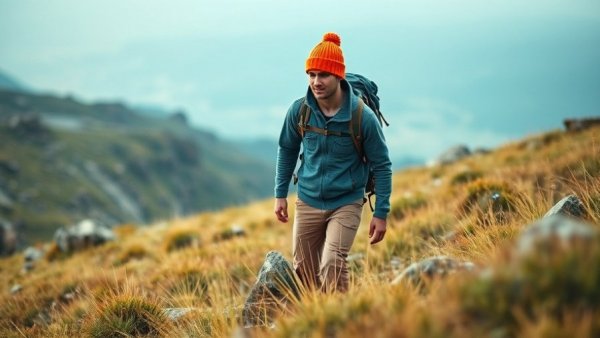 Casual hiker in orange beanie on grassy hill.
