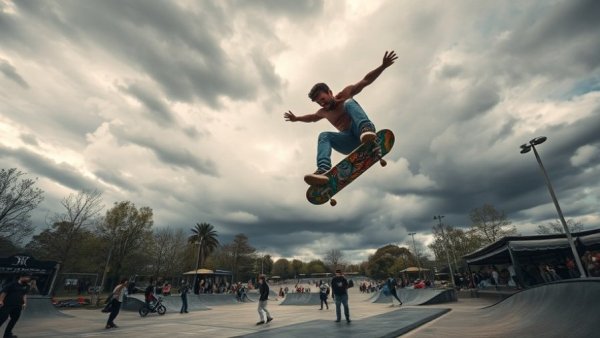 Dynamic skateboarding trick over a crowded park under cloudy skies.