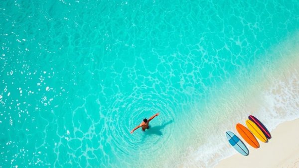 Aerial view of surfboard choices on a beach with man in water.