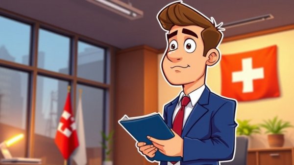 Switzerland crypto tax info sharing delay illustration with a man in blue suit.