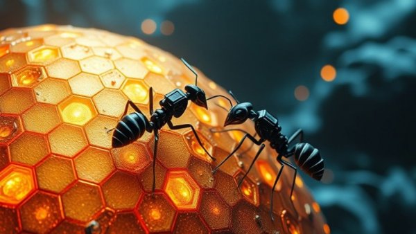 Robotic ants in a digital illustration, symbolizing tech advances and wealth.