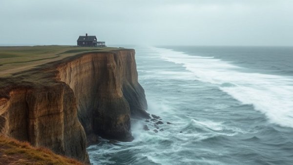 Eroding coastal cliff with waves and house, Massachusetts Coastal Resiliency Plan.