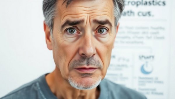 Man discussing microplastics health impact with diagram background.