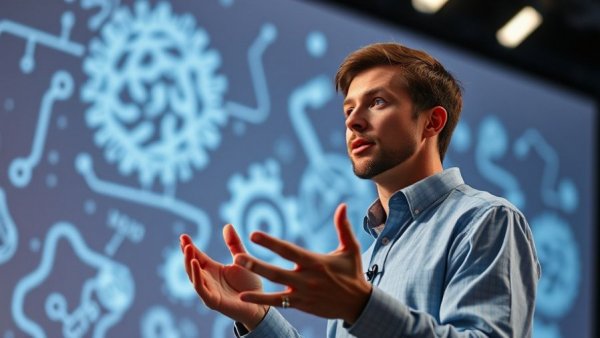 Speaker discussing microplastics impact on health with educational illustrations.