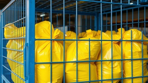 Yellow plastic bags in warehouse for Bangkok plastic waste collection.