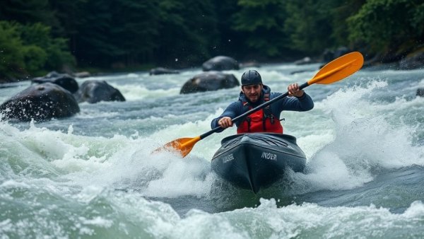 Kayaker navigating Dagger Indra kayak on whitewater river surrounded by forest.