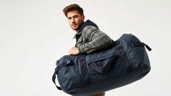 Durable waterproof duffel bag on male model, front and back views.