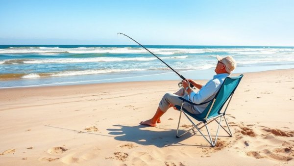 Relaxed fisherman on a beach, ideal surf and fishing spot.
