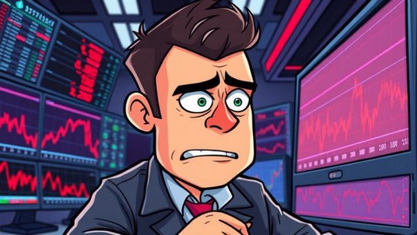 Frustrated trader with multiple monitors showing red crypto trends, relation of US labor market to cryptocurrency prices.