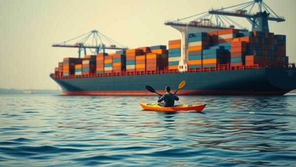 Kayaker near shipping containers highlighting tariffs impact on paddlesports.