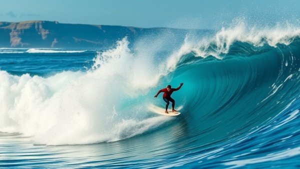 Surfer riding ocean wave near rocky coast under sunny sky.