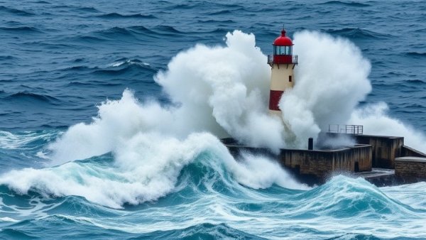 Great Lakes waves crashing against a lighthouse in stormy weather.