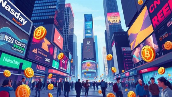 Futuristic digital scene with crypto tokens at Nasdaq, dynamic and lively.