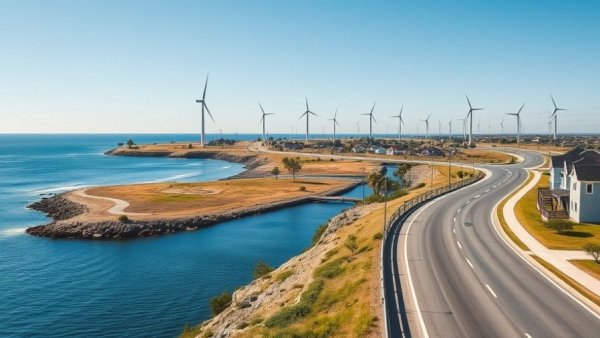 New Jersey coastal road with wind turbines and power lines illustrating clean energy.