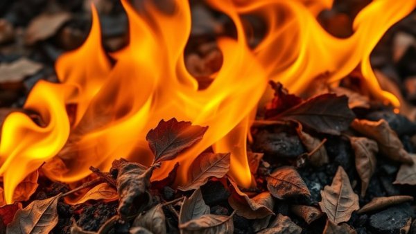 Controlled burn flames on dry leaves in an indigenous cultural burn.