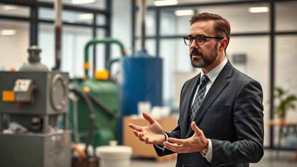 Businessman explaining plastic waste to fuel pyrolysis in an office, focusing on landfill collection.