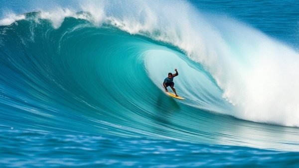 Surfer skillfully riding a massive curling wave, showcasing surfing heavy slabs.