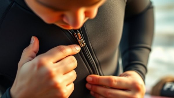 Person adjusting black wetsuit zipper, best wetsuit for water sports