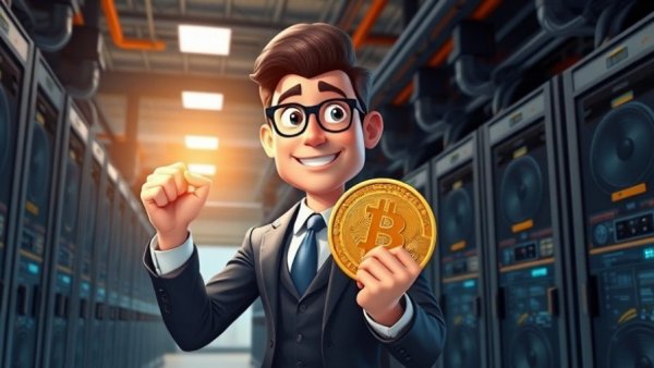 Cartoon businessman with Bitcoin symbolizing China Bitcoin mining resurgence.