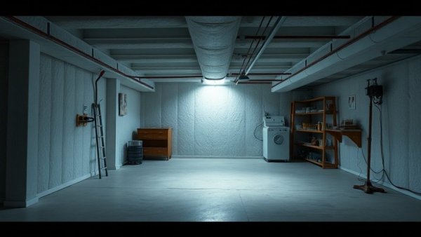 Basement insulation installation with materials on walls.