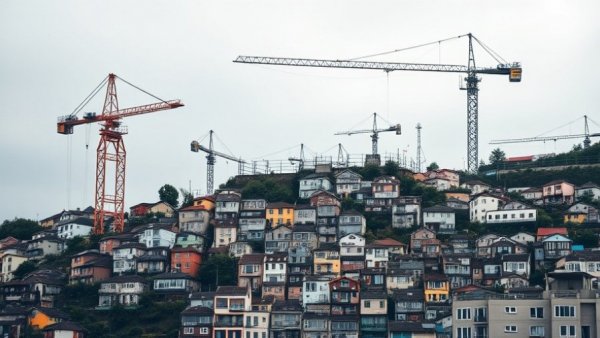 Chancay megaport's impact with vivid hillside community beneath towering cranes.