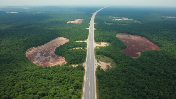Aerial view of Interoceanic Highway environmental impacts on landscape.