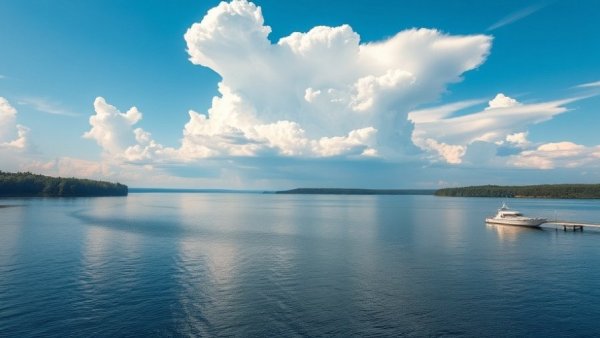 Vast lake with a dock and boat under a dramatic sky, ideal for boating.