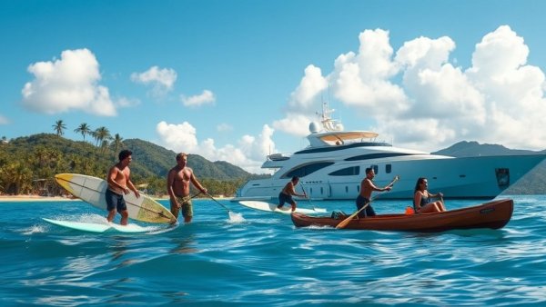 Surfers and locals near a luxury yacht in tropical waters.