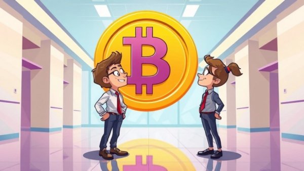 Business professionals looking up at stablecoin symbol in a corporate setting.