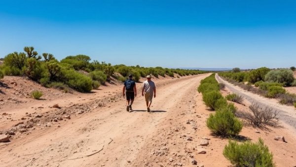 Rio Grande dry-outs: people walking on dry riverbed under clear sky.