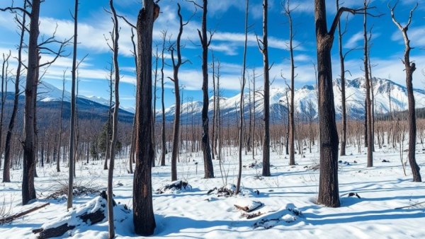 Impact of wildfires on snowpack in charred forest with snowy ground.