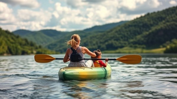 Single mother paddling on Mississippi River with daughter, scenic view.