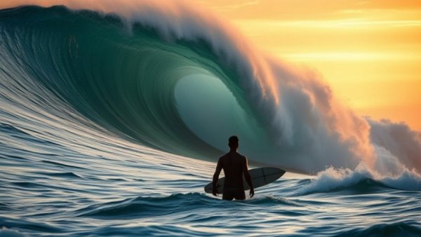 Surfers challenge 20ft Pipeline waves at sunset.
