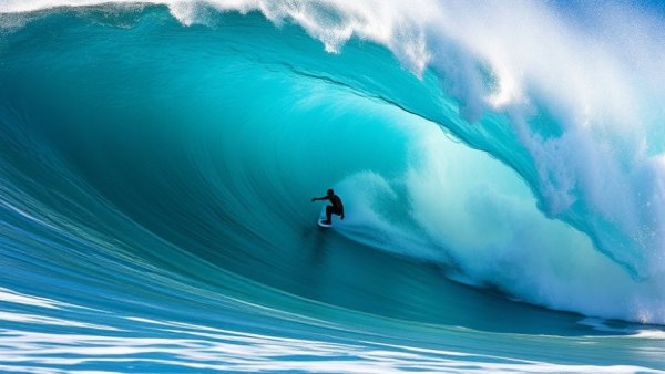 Bodyboarding Waimea Bay Shorebreak: Rider on a massive turquoise wave.