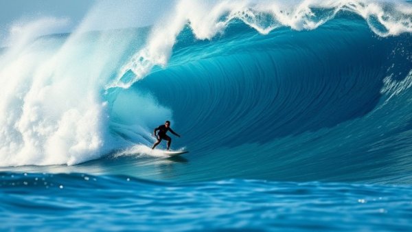 Surfer skillfully riding a massive wave at Jaws.