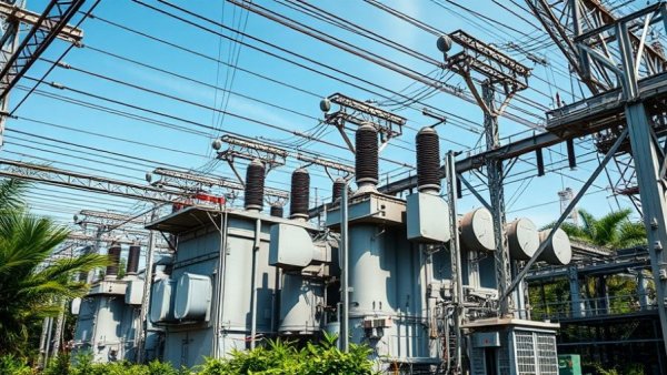 Alabama power substation illustrating electric infrastructure, clear blue sky.