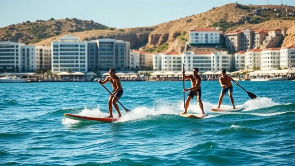 Stand-up paddleboarders competing in European SUP League Champions event amidst a cityscape.