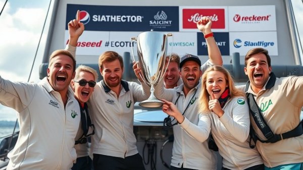 Cheerful sailing team celebrates victory with trophy.