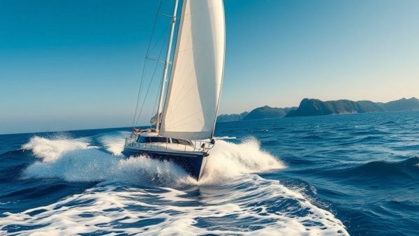 Sailboat exploring Caribbean hidden corners with island in background.