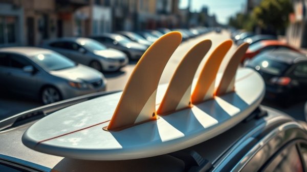 Surfboards with favorite fin setup on car roof in sunlight.